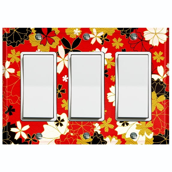 Metal Light Switch Plate Cover Japanese Flower Pattern Red Wallpaper FLW036
