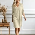 thumbnail image 2 of Vetsdori Women's Solid Color V-Neck Lace 3/4 Sleeve Linen Shift Dress Casual Flowy Summer Casual, 2 of 9