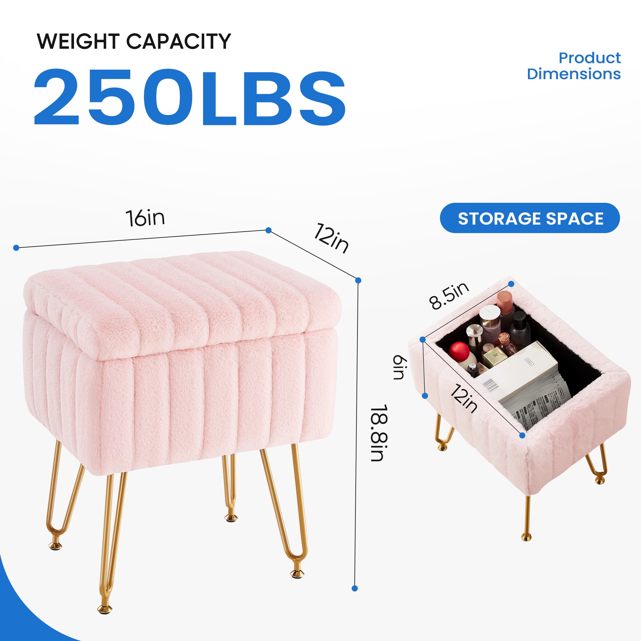 JOINSUN Ottoman Vanity Stool Chair, with Storage, Modern Style Faux Fur Seat with 4 Metal Legs & Non-slip Feet for Living Room, Bedroom, Pink