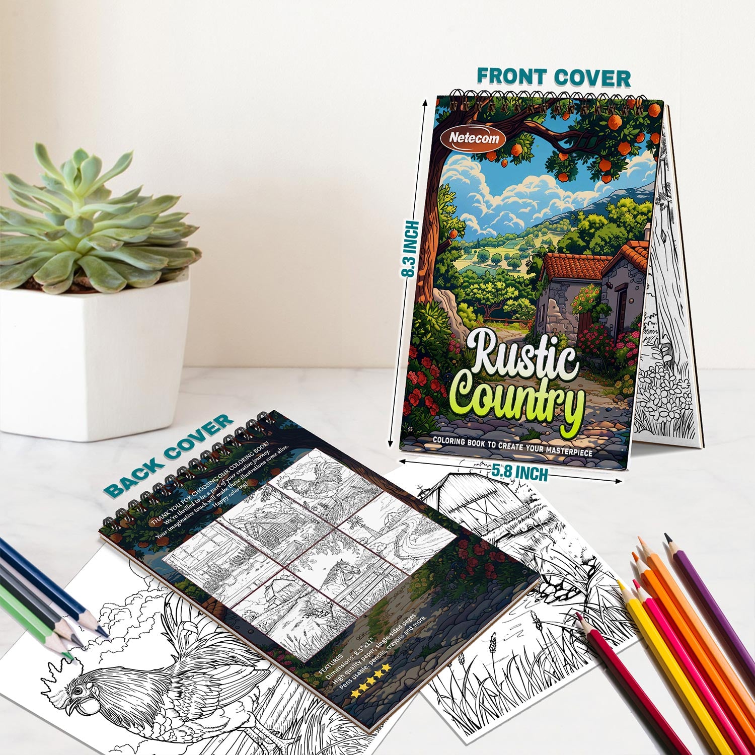 Netecom Rustic Country Coloring Book Spiral Bound for Adults, A5 Wooden Cover, 30 Cozy Coloring Pages of Rural Life for Stress Relief and Relaxation