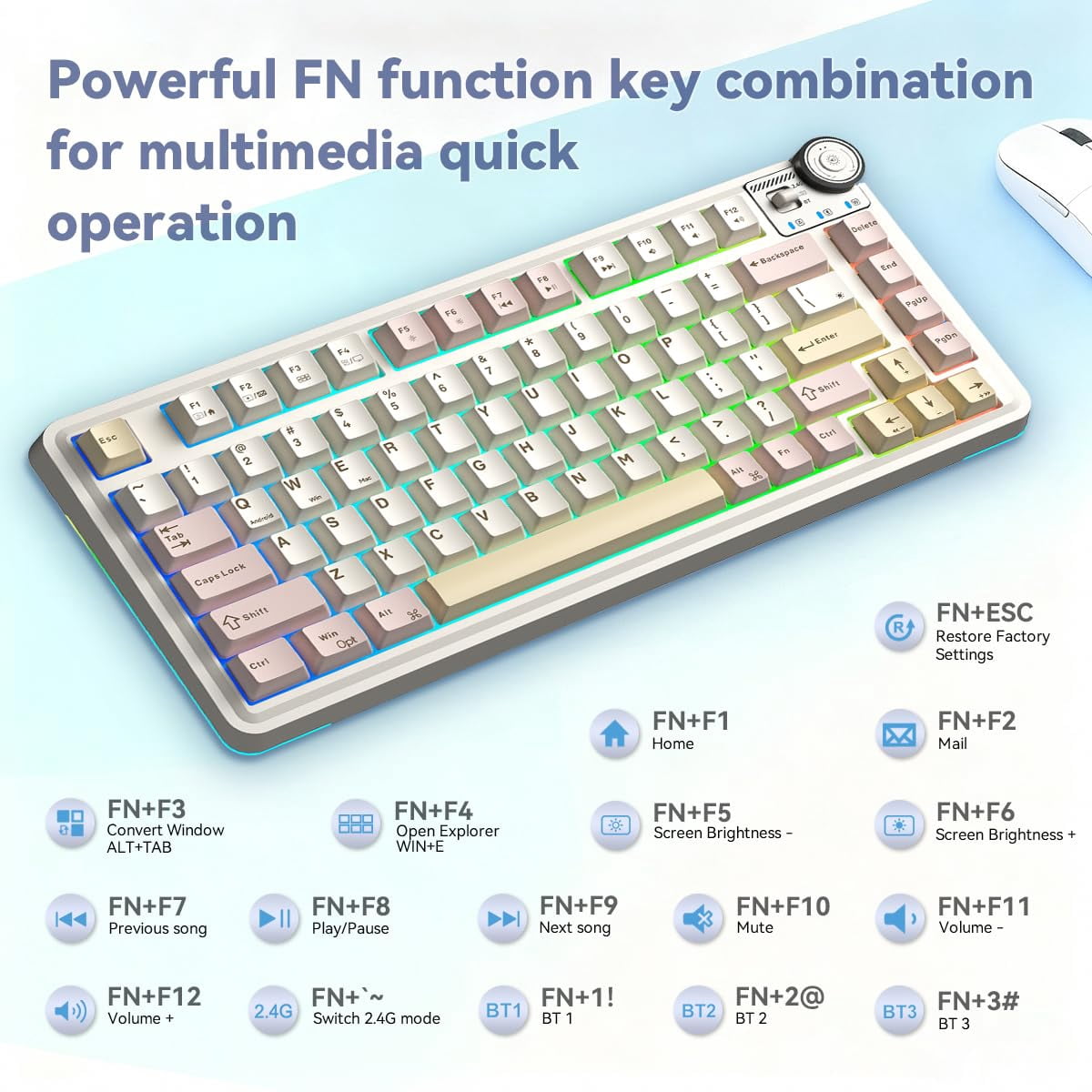 Aula AU75 Wireless Mechanical Keyboard, Hot Swap Gasket Gaming Keyboard with Knob, 4000mAh, 75% Five-Layer Padding PBT Keycaps, Pink