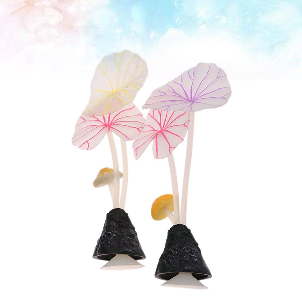 HEATSHAKING 4Pcs Fish Tank Aquarium Decoration Silicone Lotus Leaf Mushroom Glowing Natural Ornament