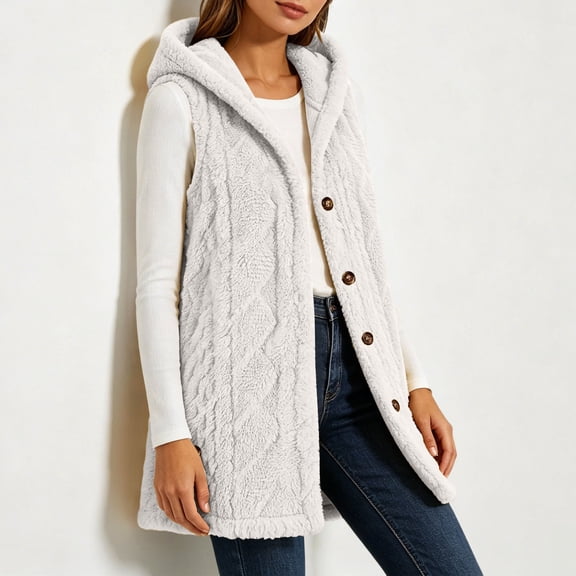 Neewe Women's Fall Casual Fleece Long Vests Hooded Sleeveless,Loose Fit Pockets,Button Down Jacket,Fall Coat,Casual Going Out Outfits,Fashion Clothing