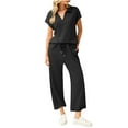 thumbnail image 2 of Women's Sweatsuits 2 Piece Sets Casual Sport Outfits Lapel V-Neck Short Sleeve Tops Drawstring Elastic Waist Straight Sweatpants Lounge Matching Clothes, 2 of 7