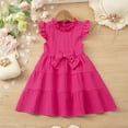 thumbnail image 3 of Little Girls Summer Plaid Dress Ruffle Sleeve Bow Tiered Dress Crew Neck Casual Cute Toddler Clothes Hot Pink, 6 Years, 3 of 7
