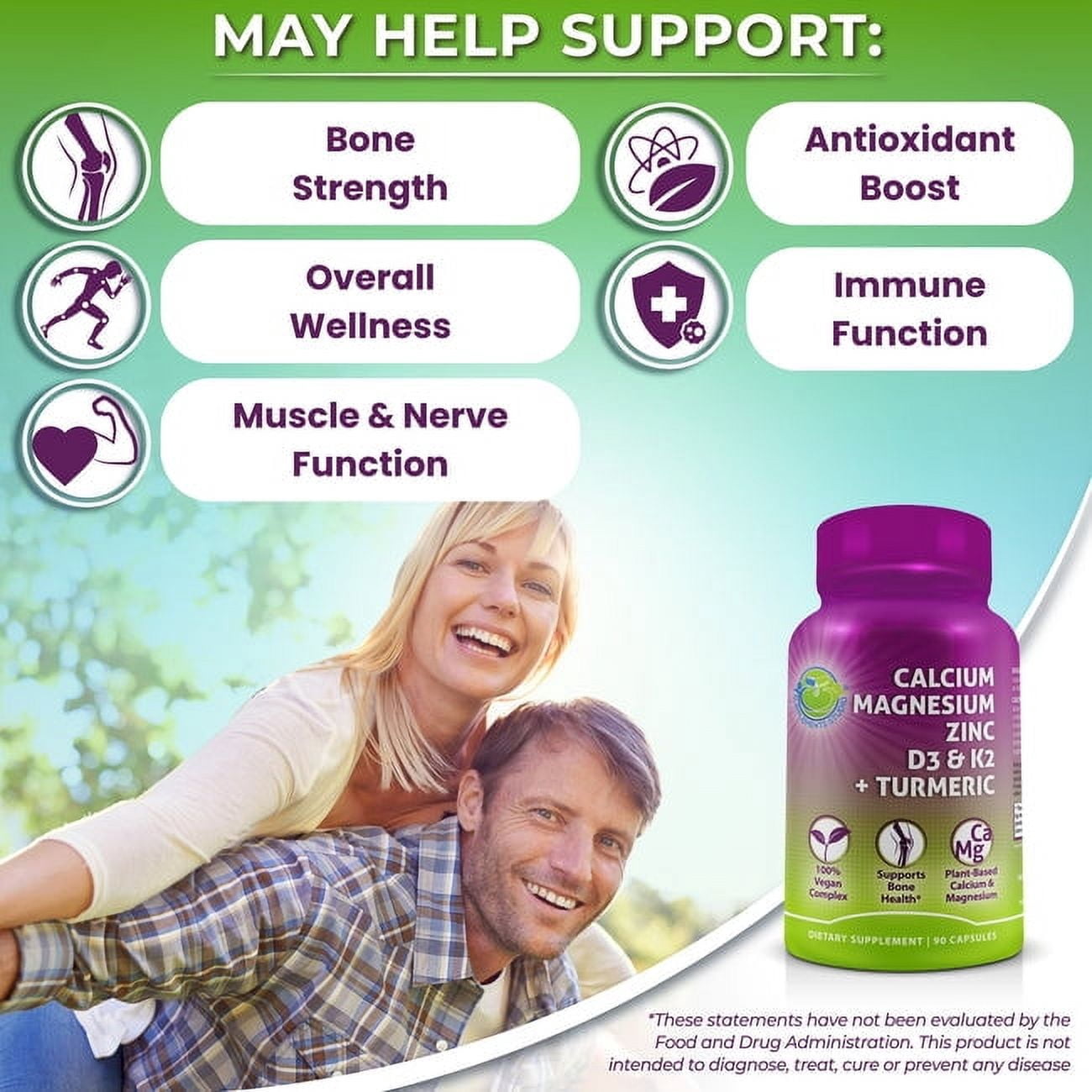 Plant-Based Calcium 500mg (Aquamin) - Vegan Calcium Magnesium Zinc D3 + Vitamin K2, Organic Turmeric & BioPerine - Supports Enhanced Bone Health & Strength for Women and Men - 90 Count