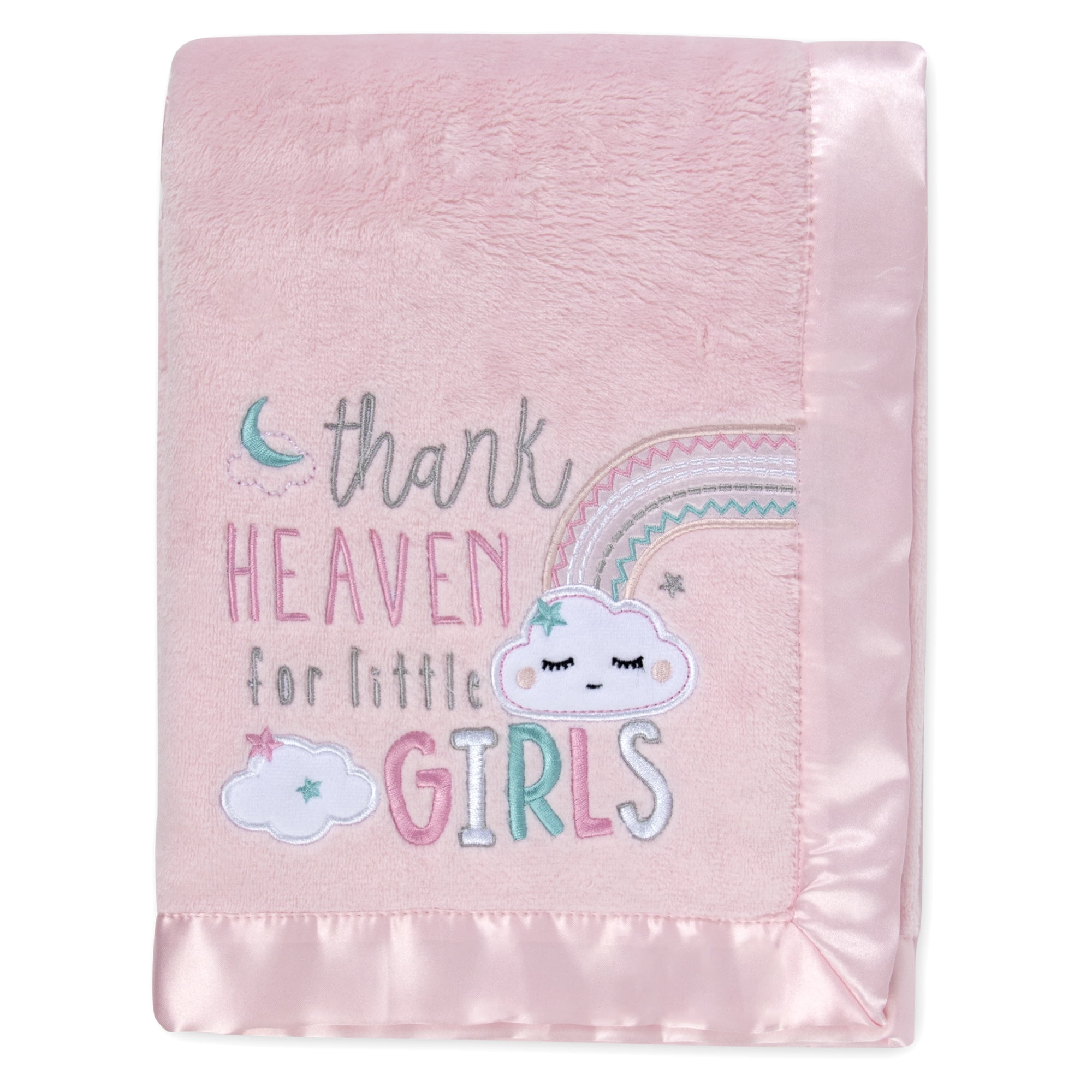Baby Essentials Newborn and Infant Baby Girls Satin Trim Thank Heaven for Little Girls Blanket for Sleep, Lounge, Naps, Cuddling, Swaddling, Crib and Stroller
