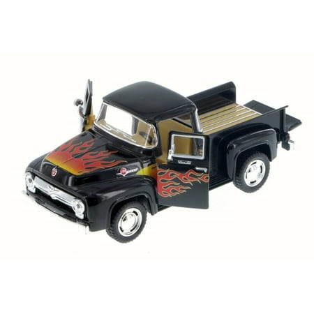 1956 Ford F-100 Pickup Truck, Black w/ Flames - Kinsmart 5385DF - 1/38 Scale Diecast Model Toy Car