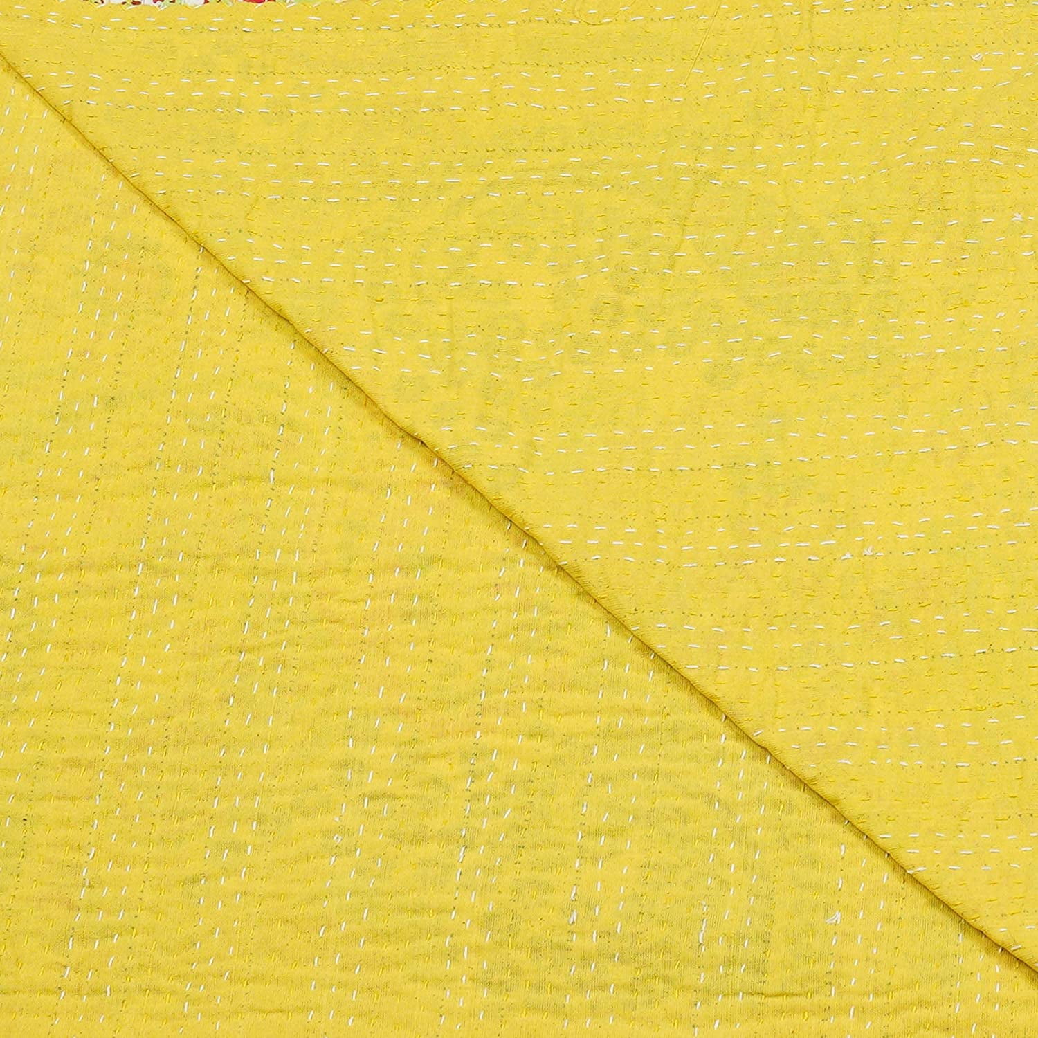 Vintage Handmade Kantha Quilt Indian Traditional Bed Cover Throw Paisley Printed Kantha Quilts (Yellow Color, Twin 60x90 Inch)
