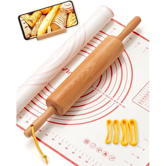 Classic Wood Rolling Pin, 17" Rolling Pins for Baking with Silicone Mat and Adjustable Thickness Rings, Pasta Roller with Wood Base, Fondant Roller for Pie Crust, Cookies, Pizza Dough and Bread