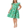 thumbnail image 2 of Agnes Orinda Women's Plus Size Boho Dress Floral Print Tiered Ruffle Flutter Sleeves Round Neck Summer Babydoll Dress 1X Green, 2 of 6