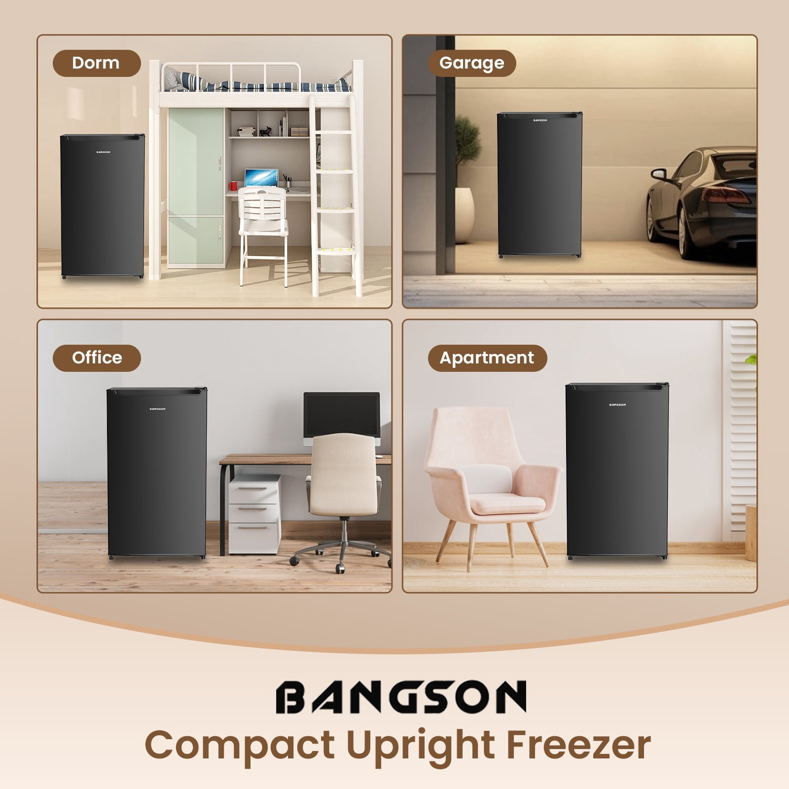 BANGSON 2.1 Cu.ft Upright Freezer, Compact Mini Freezer with Reversible Black Door, Adjustable Thermostat, Removable Shelves, Energy-Saving for Dorm Office Apartment, Black