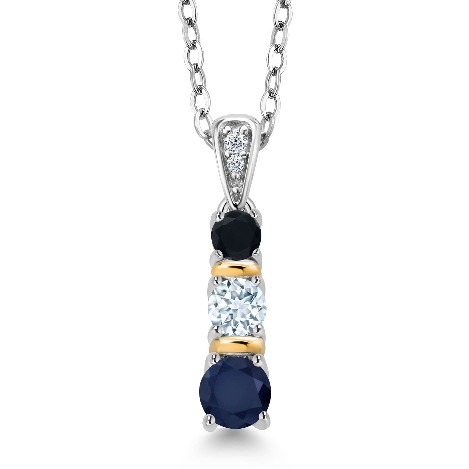 Gem Stone King 925 Silver and 10K Yellow Gold Round Blue Sapphire Sky Blue Aquamarine and Black Onyx Pendant Necklace for Women (0.62 Cttw, Gemstone September Birthstone, with 18 inch Chain)