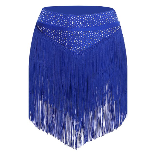 Raenseen Jupe à Franges de Danse Latine de Salon pour Femmes, Taille Élastique, Tango, Rumba, Salsa, Danse à Franges, Mini, Bleu, TTG