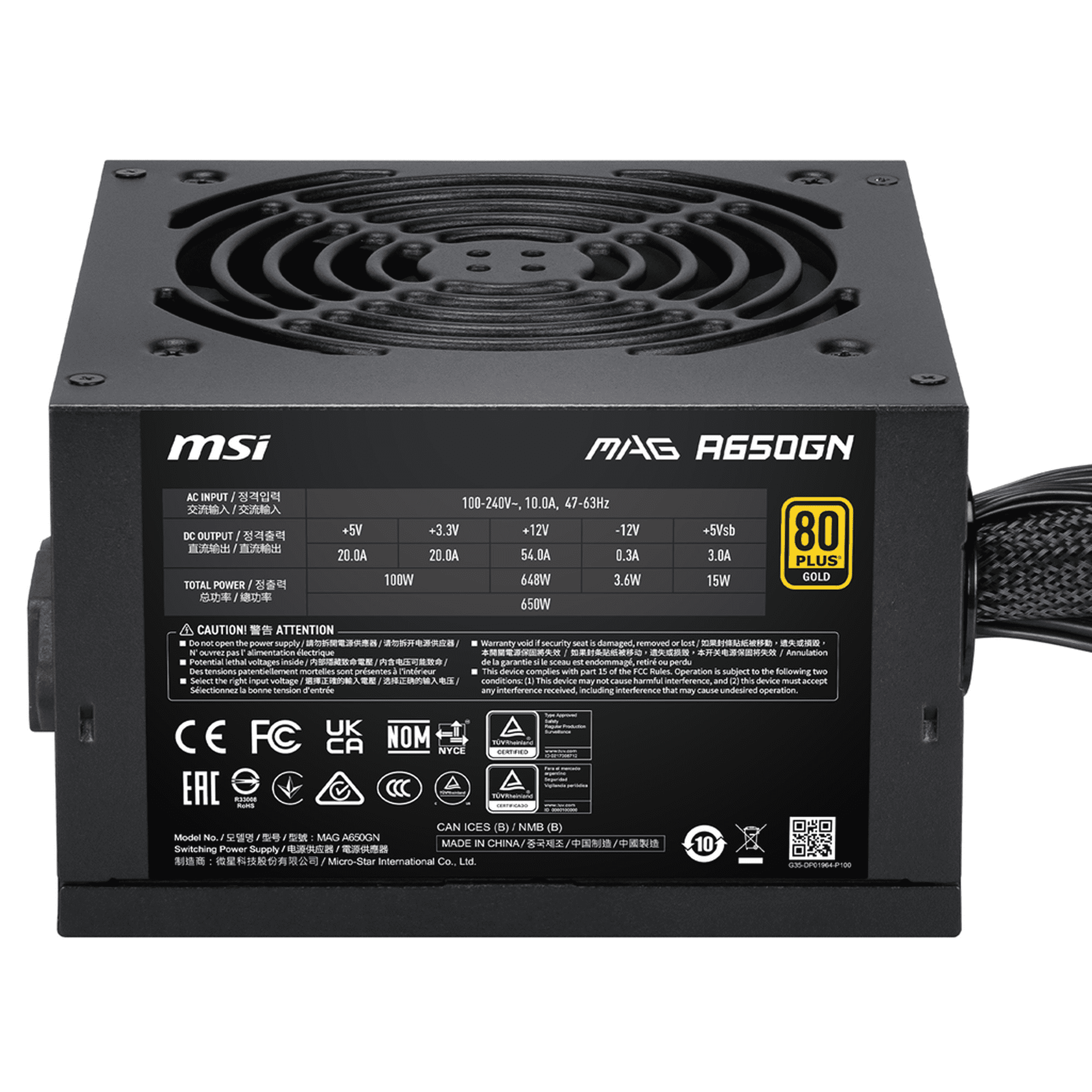 MSI MAG A650GN II Power Supply, 80 Plus Gold-certified 650W, Active PFC, 120mm Low Noise Fan