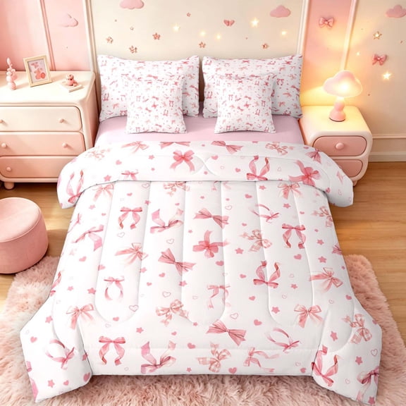 Manfei Watercolor Pink Bows 7-Piece Twin Bedding,Cute Heart Stars Bedding Comforter Set,Pink Reversible