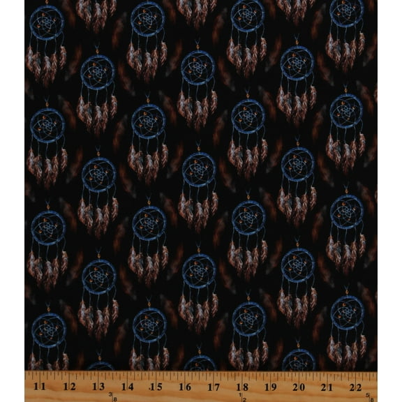 Cotton Feathered Dreamcatchers on Black Dream Catchers Feathers Southwestern Cotton Fabric Print by the Yard (115868)