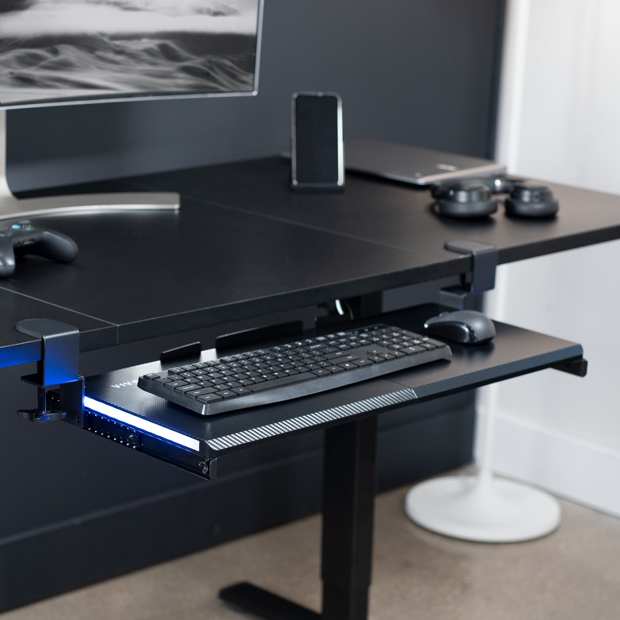 VIVO Black Clamp-on Under Desk Gaming Split Keyboard Tray with RGB Lights