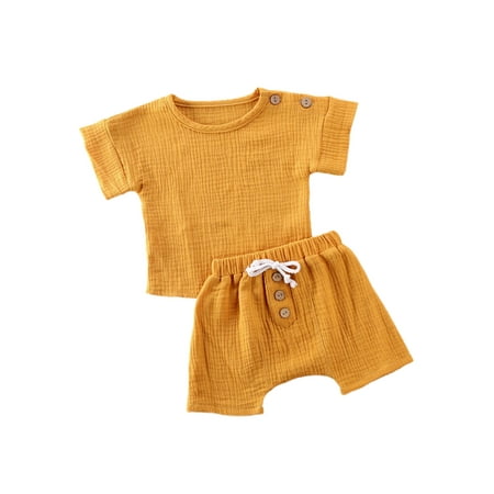 

IZhansean Newborn Infant Baby Boys Girls Outfits Ribbed Knitted T-Shirt Top + Shorts 2Pcs Summer Clothes Ginger Yellow 6-12 Months