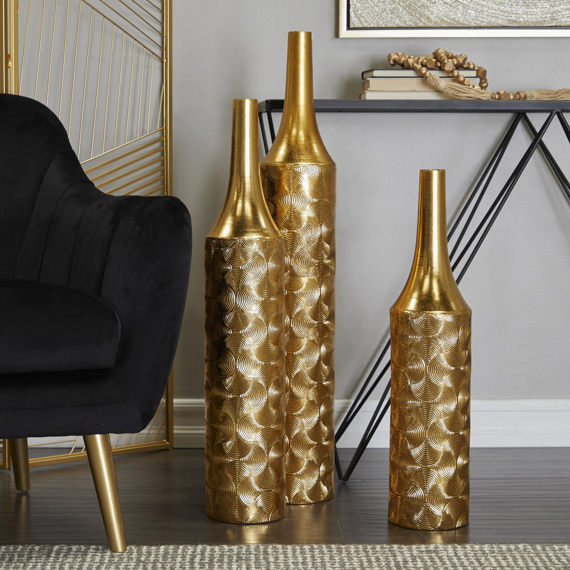 DecMode 36", 30", 25"H Geometric Tall Distressed Metallic Gold Metal Vase with Engraved Swirl Patterns, Set of 3