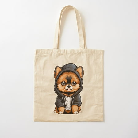 Pomeranian Puppy In Black Hoodie And White Tee Cotton Tote Bag Canvas Tote Bag  Family Gift For Mother  Her