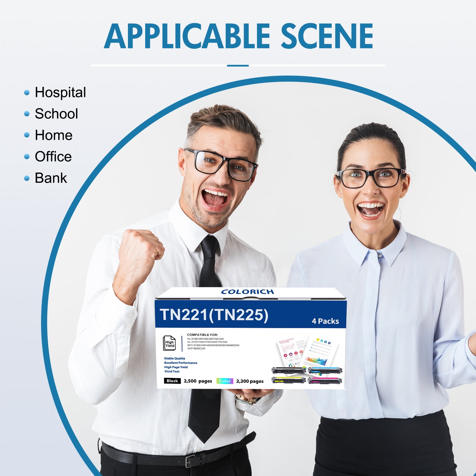 Colorich Compatible for Brother TN221 TN225 Toner Cartridge 4 Pack TN221/225 MFC-9130CW HL-3140CW HL-3170CDW HL-3180CDW MFC-9330CDW Printer Ink(BK/C/M/Y)