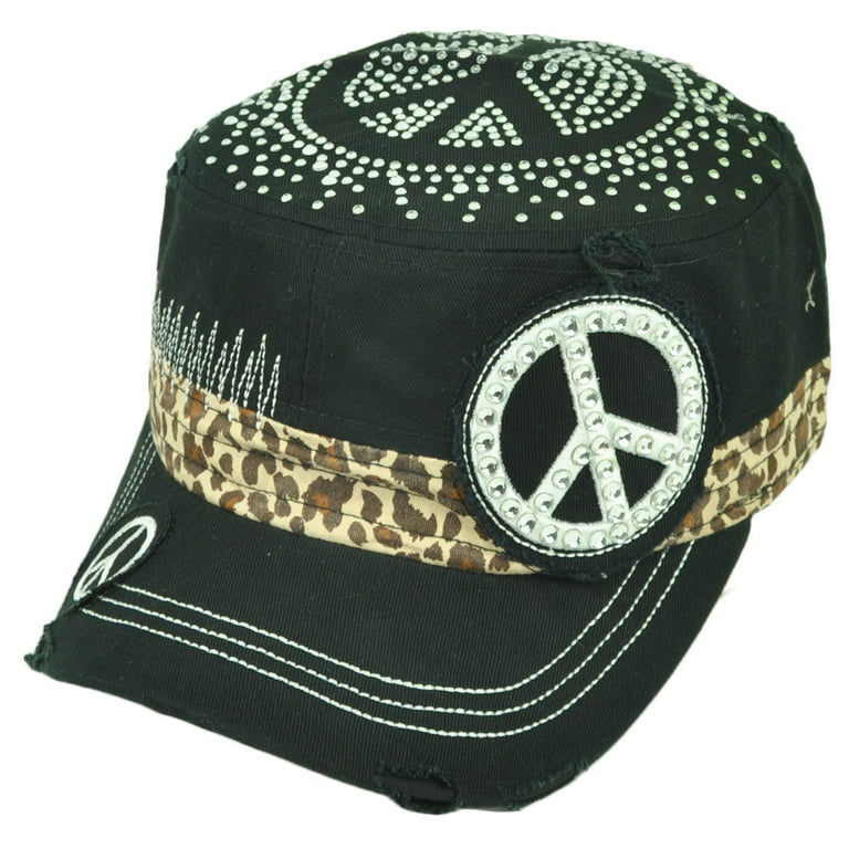 Peace Symbol Rhinestone Fashion Distress Fatigue Women Cheetah Hat