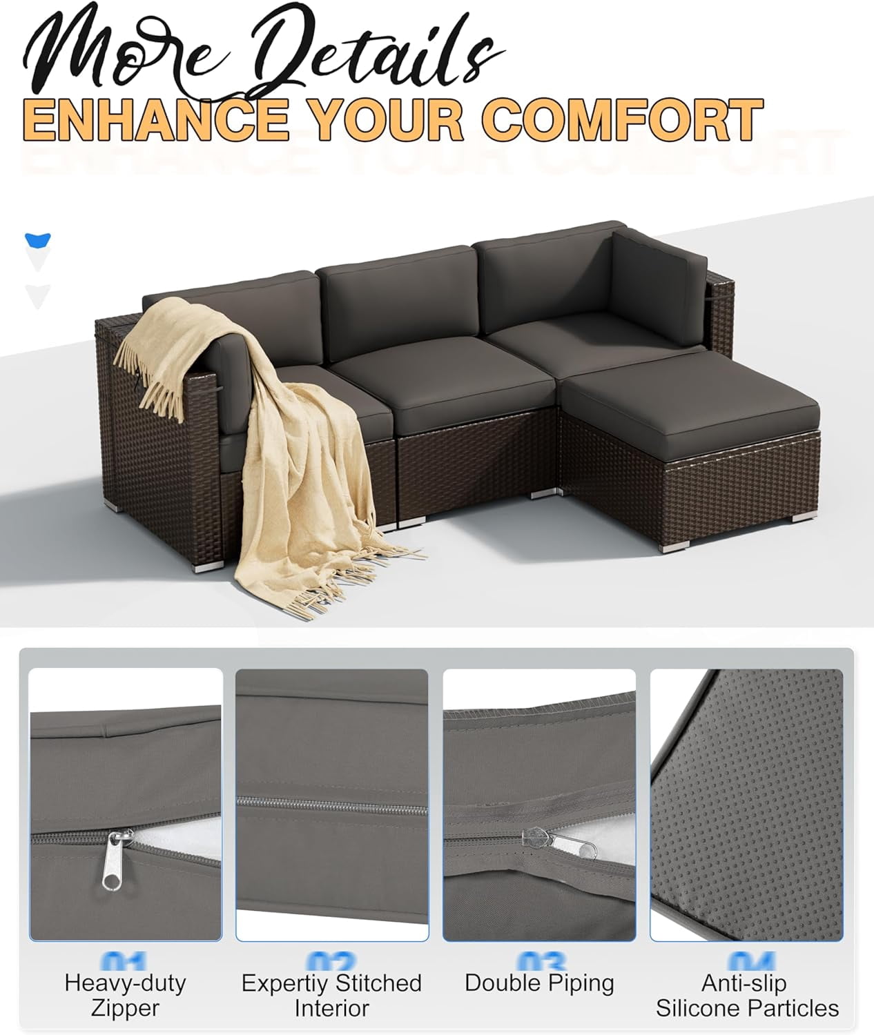 SUNCROWN 9 Piece Patio Furniture Cushions, Replacement Outdoor Cushions for 4-Seat Patio Couch, Cushions for Outdoor Sectional Sofa, Gray