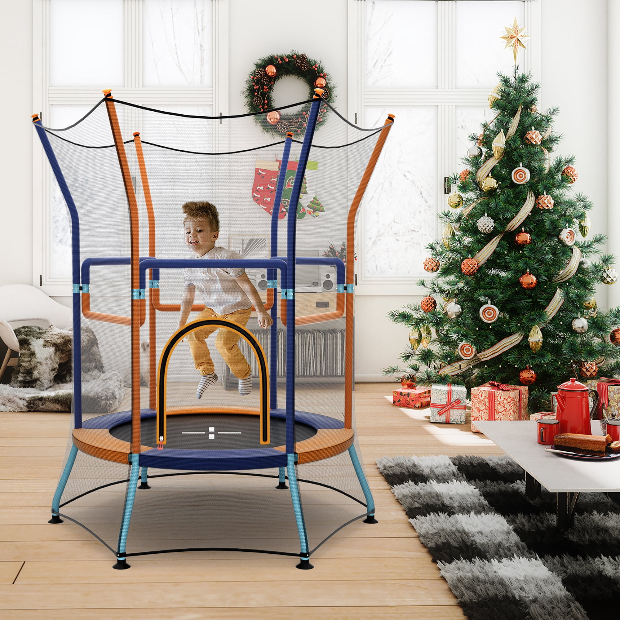 Gymax Kids Mini Trampoline w/ 59'' Higher Enclosure Net Seamless Jumping Mat Zipper Door Orange & Blue