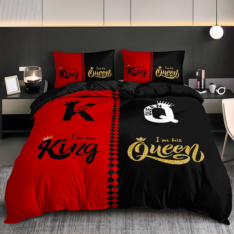 3PCS Duvet cover Set The soft (1 Duvet cover + 2 Pillowcases without Pillow covers), Features high-definition digital printing of crown and letter patterns in a stylish black and gray color scheme.