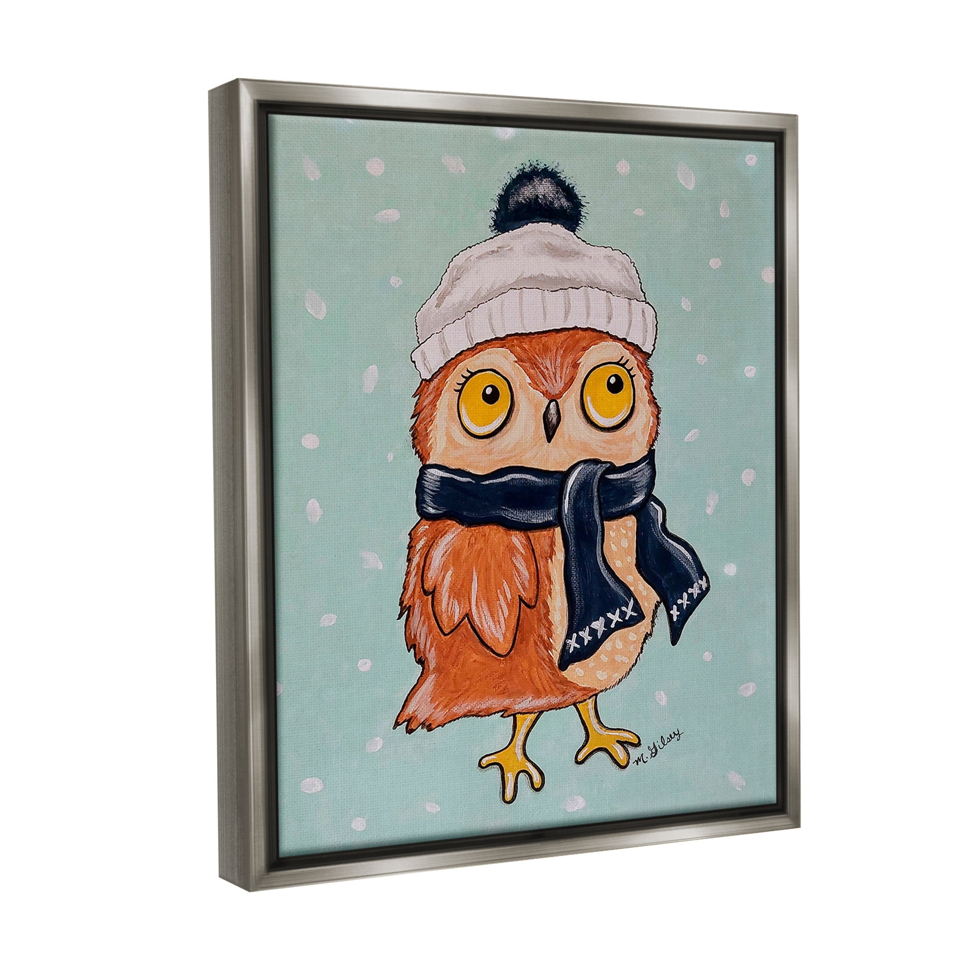 Stupell Industries Owl & Winter Scarf Animals & Insects Painting Gray Floater Framed Canvas Art Print Wall Art, 25 x 31