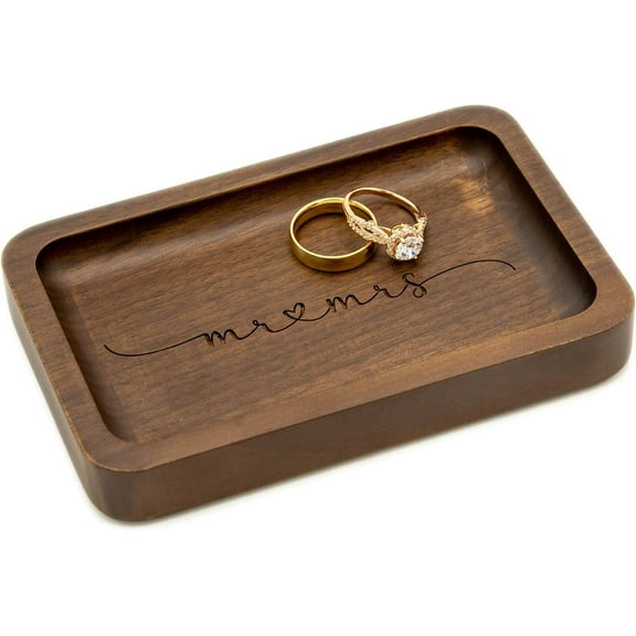 MUUJEE Mr Mrs Ring Dish - Engraved Rectangle Wood Tray Small Jewelry Dish 5 Year Wedding Anniv Gifts Ideas - 5.5" x 3.5" (Mr Mrs)