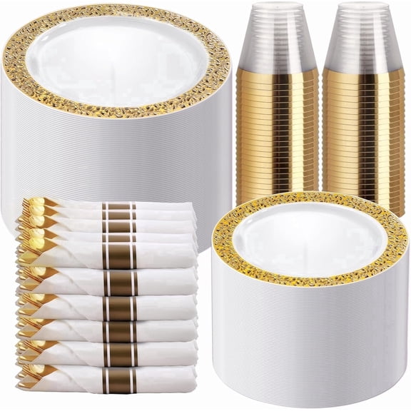 WELLIFE FESTIVE 50 Guests Dinnerware Sets, Gold Plastic Plates, Include:50 Dinner Plates, 50 Dessert Plate, 150 Pcs Gold Plastic Silverware, 50 Cups