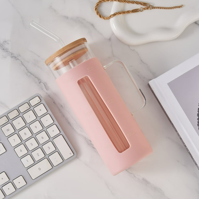 Mainstays Glass 22oz Tumbler with Pink Protective Silicone Sleeve, Bamboo  lid, Glass Straw