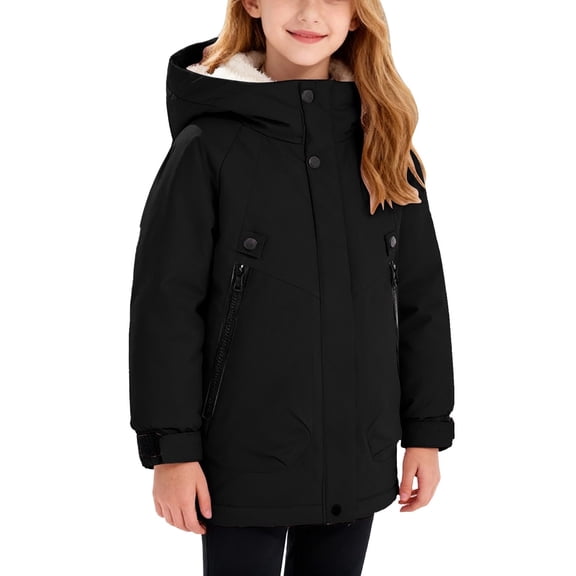 CPNG Kids Plush Lined Jacket Long Warm Puffer Jacket Winter Windproof Waterproof Parka Snow Coat Boys Warm Thicken Fleece Tops Girls Sherpa Outdoor Tops