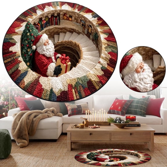 EaseDay Christmas 3D Round Rug Optical Illusion Christmas Area Mat Indoor Outdoor Santa Claus Festive Floor Mat For Living Room Bedroom Porch Holiday Decor