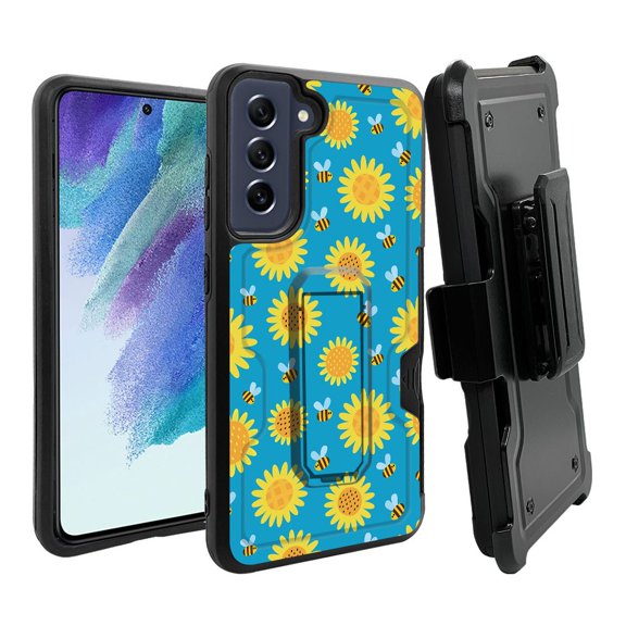 ANJ  Rugged Dual Layer Hybrid Holster Kickstand Case w/ Card Slot   Tempered Glass Cover for Samsung Galaxy S21 FE 5G - Sunflowers and Bees