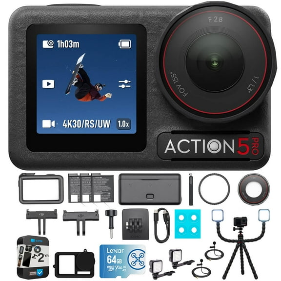 DJI Osmo Action 5 Pro Standard Combo, 4K Video Bundle with Vlogging Tripod, 64GB Card, Silicone Protective Case, 2x LED Light, 2x Clip-On Mini Lapel Microphone & 2 Year Extended Warranty