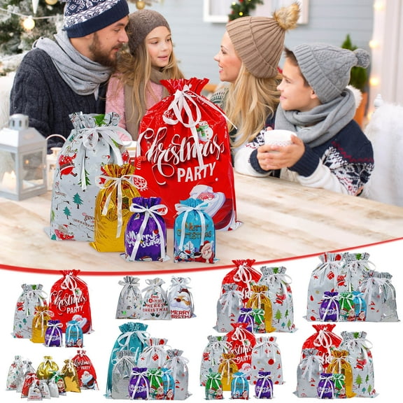 21pcs Christmas Drawstring Gift Bag Set - Festive Storage & Packaging Bags for Holiday Gifts, Durable Fabric Material, Easy to Use, Perfect for Parties & Family Gifting, D