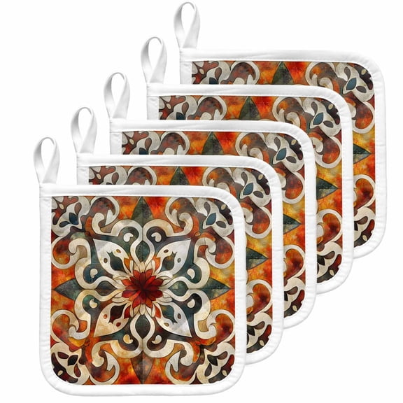 Burnt Orange Green Pot Holders for Kitchen Heatproof Potholder, 5 Pack Vintage Abstract Flowers Hot Pads Multipurpose Oven Pads Cloth Potholders Trivet for Cooking Baking