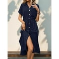 thumbnail image 4 of Women'S Solid Color Dress Summer Casual Short Sleeve Button V Neck Dresses Long Beach Shirt Dress with Pockets, 4 of 9
