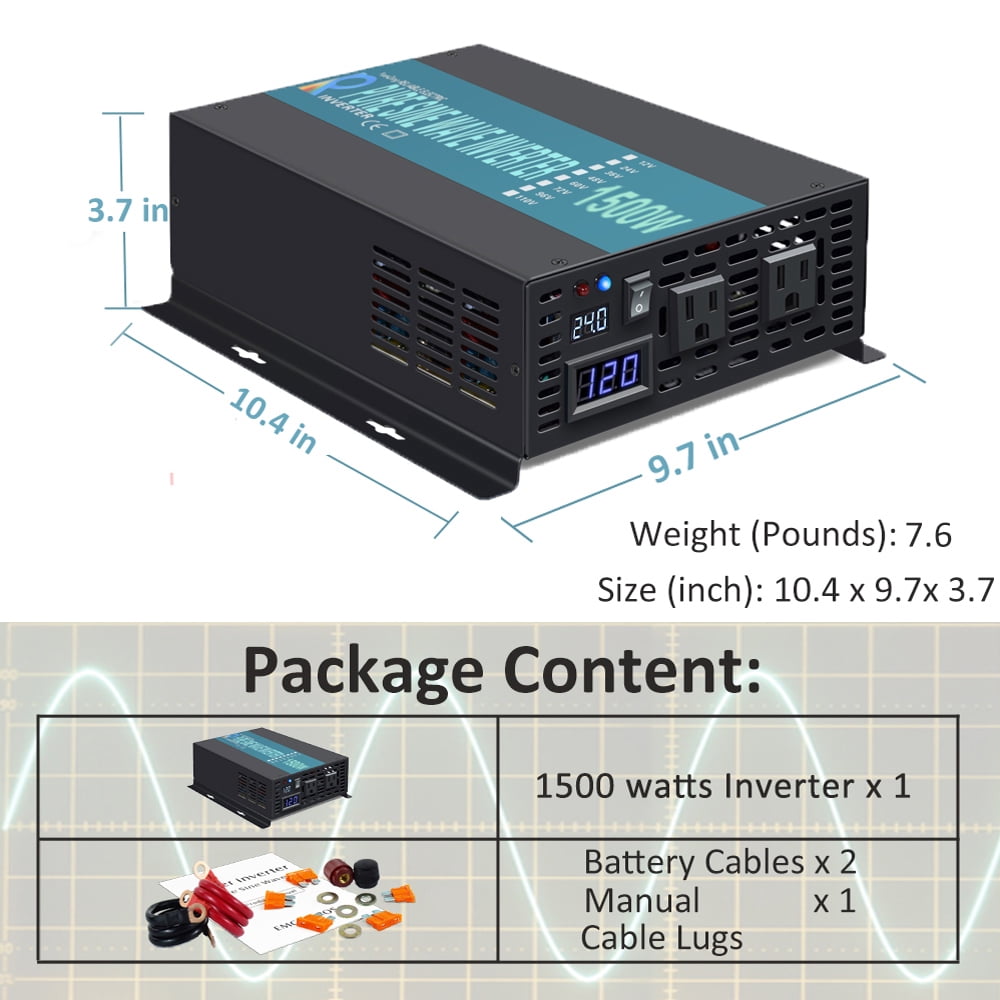 WZRELB 24V DC to 120V Pure Sine Wave Inverter 1500W Car PowerTruck RV Motorhome Solar System Battery Generator 3000W Surge