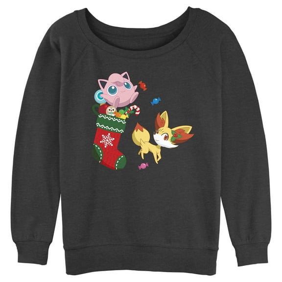 Junior's Pokemon Christmas Jigglypuff and Fennekin Stocking Sweatshirt Charcoal Heather Small