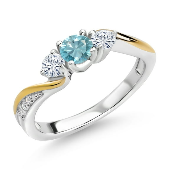 Gem Stone King 925 Silver and 10K Yellow Gold Blue Zircon White Moissanite and White Lab Grown Diamond 3 Stone Engagement Ring for Women (0.73 Cttw, December Birthstone, Size 7)