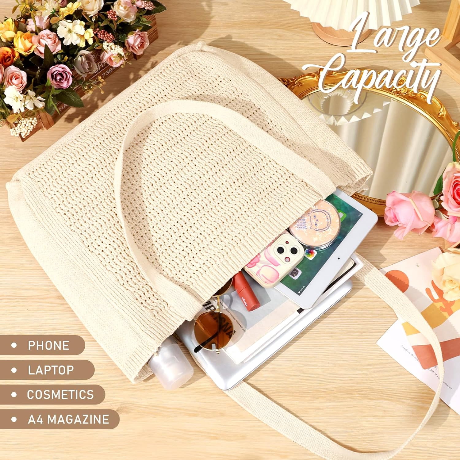 CAILDANL Crochet Bags for Women - Large Tote Aesthetic Handbag Shoulder Hippie Knit Bag