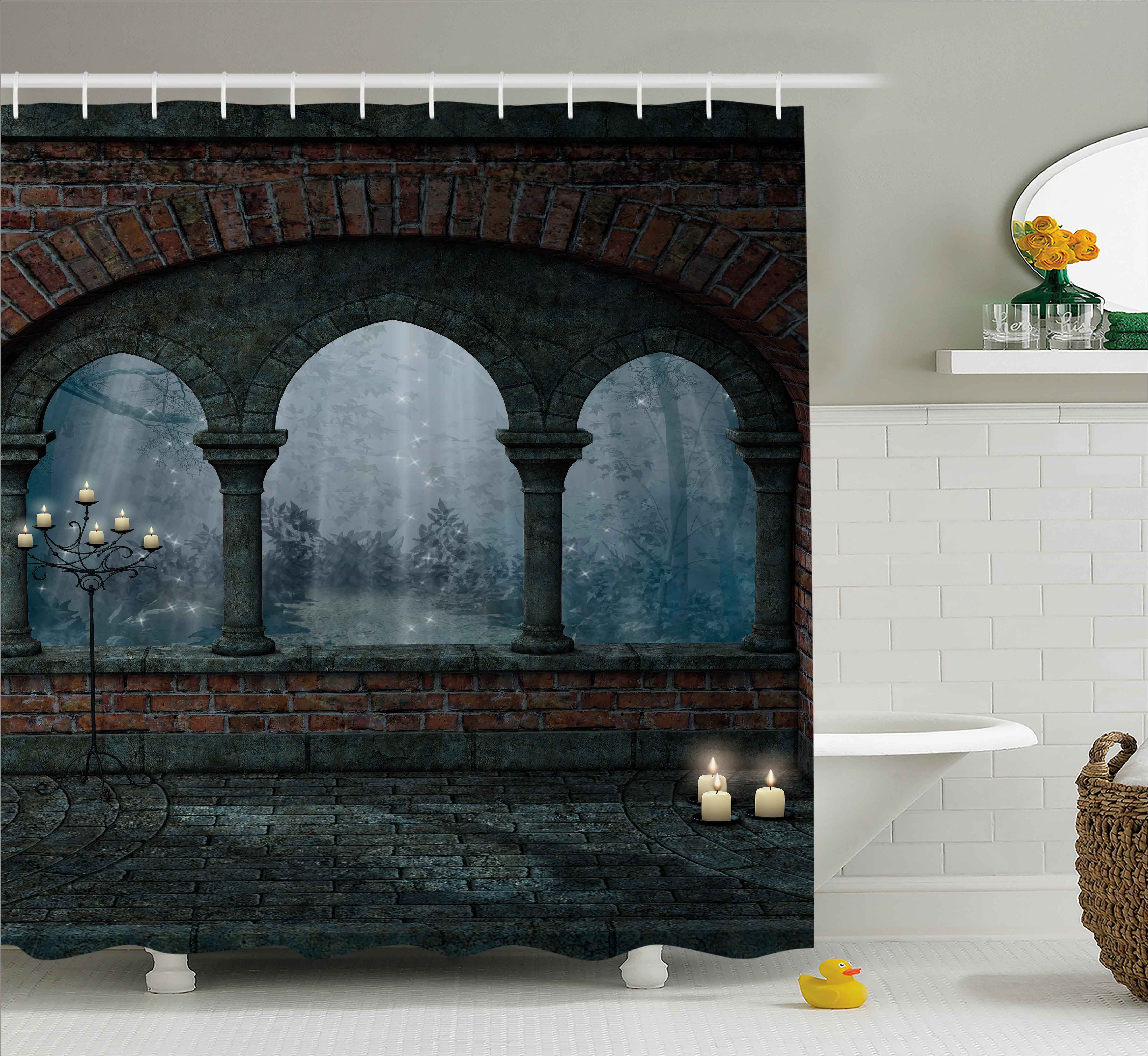 Fantasy Decor Shower Curtain, Fiction Forest with Giant Mushrooms and