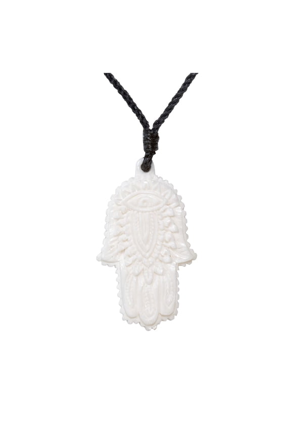 Women's Men's Hand Carved Bone All Seeing Eye Hamsa Hand Pendant Necklace
