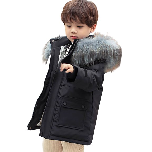 KAUOD Boys Winter Parka Coats Faux-F𝐮r Hood Waterproof Puffer Jackets Kids Toddler Padded Insulated Ski Outwear with Pockets