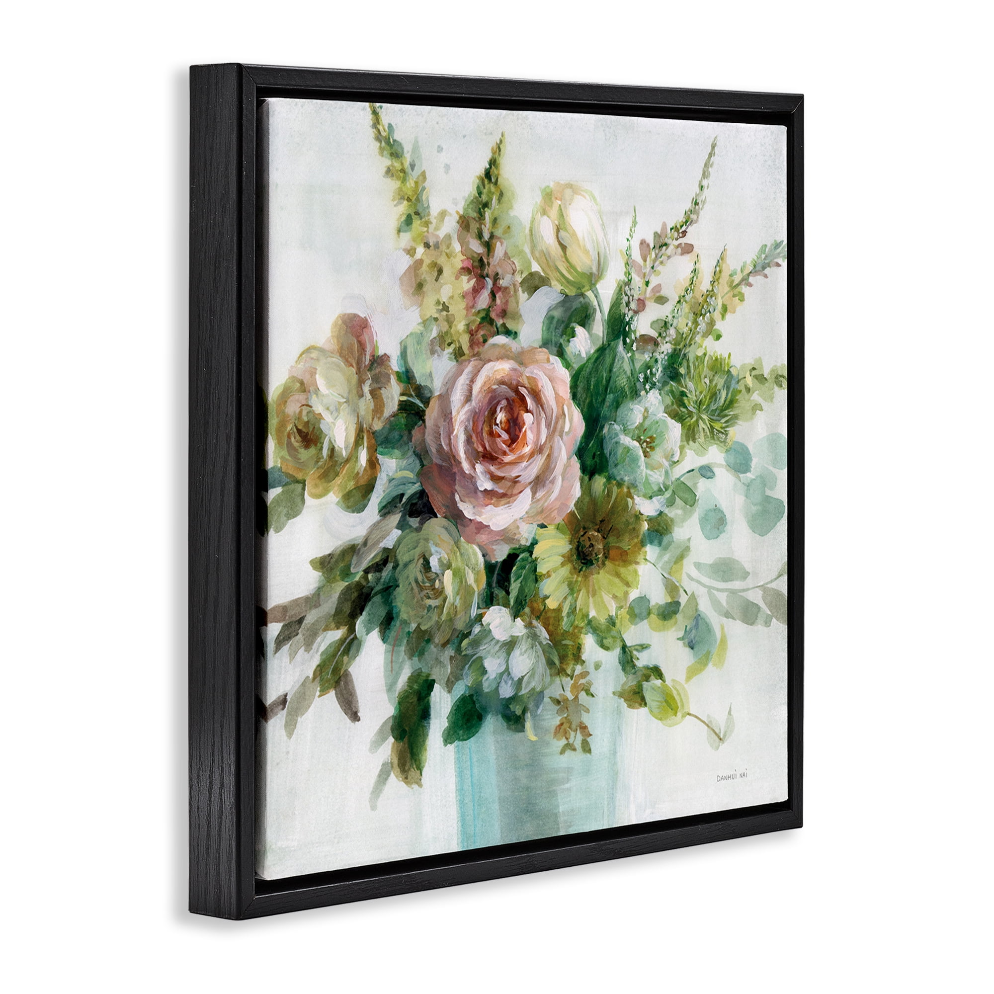 Stupell Industries Sage & Peach Flowers Botanical & Floral Painting Black Floater Framed Art Print Wall Art, 18 x 18