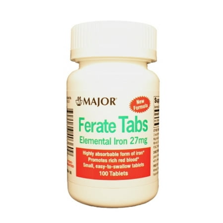 Iron Free 30 Tabs Major Ferate Elemental Iron 27Mg Tab Ferrous Gluconate-27 Mg Green 100 Tablets Upc 309046403609 ()